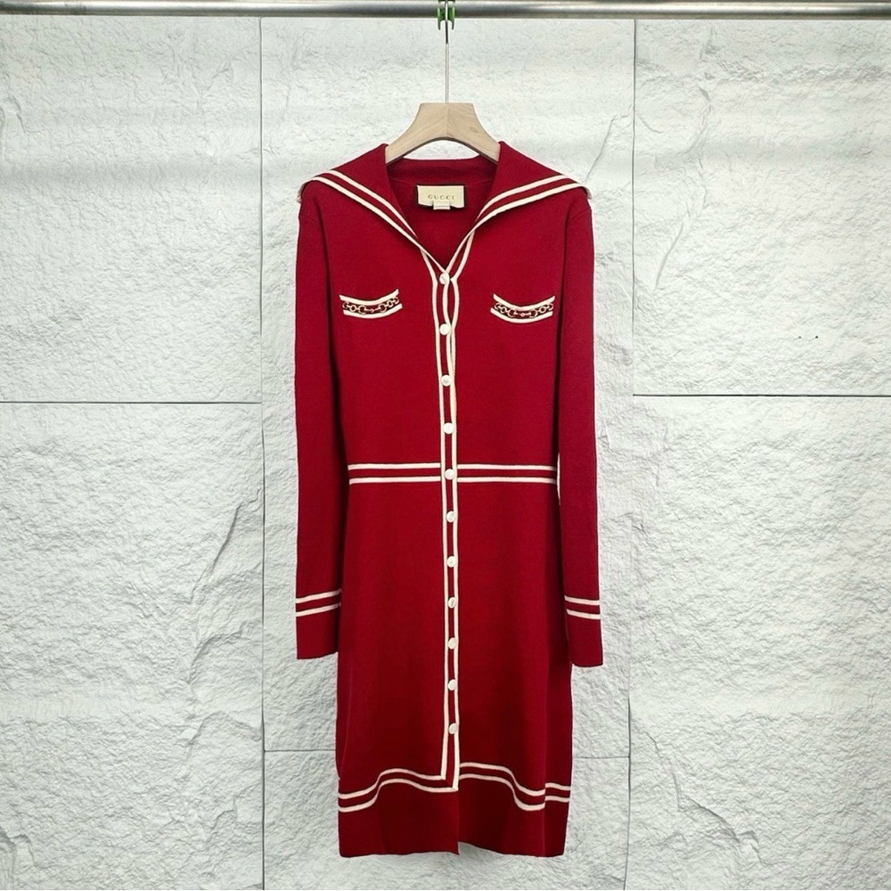 Gucci Red Knit Sailor-Collar Long Sleeve Dress with White Trim